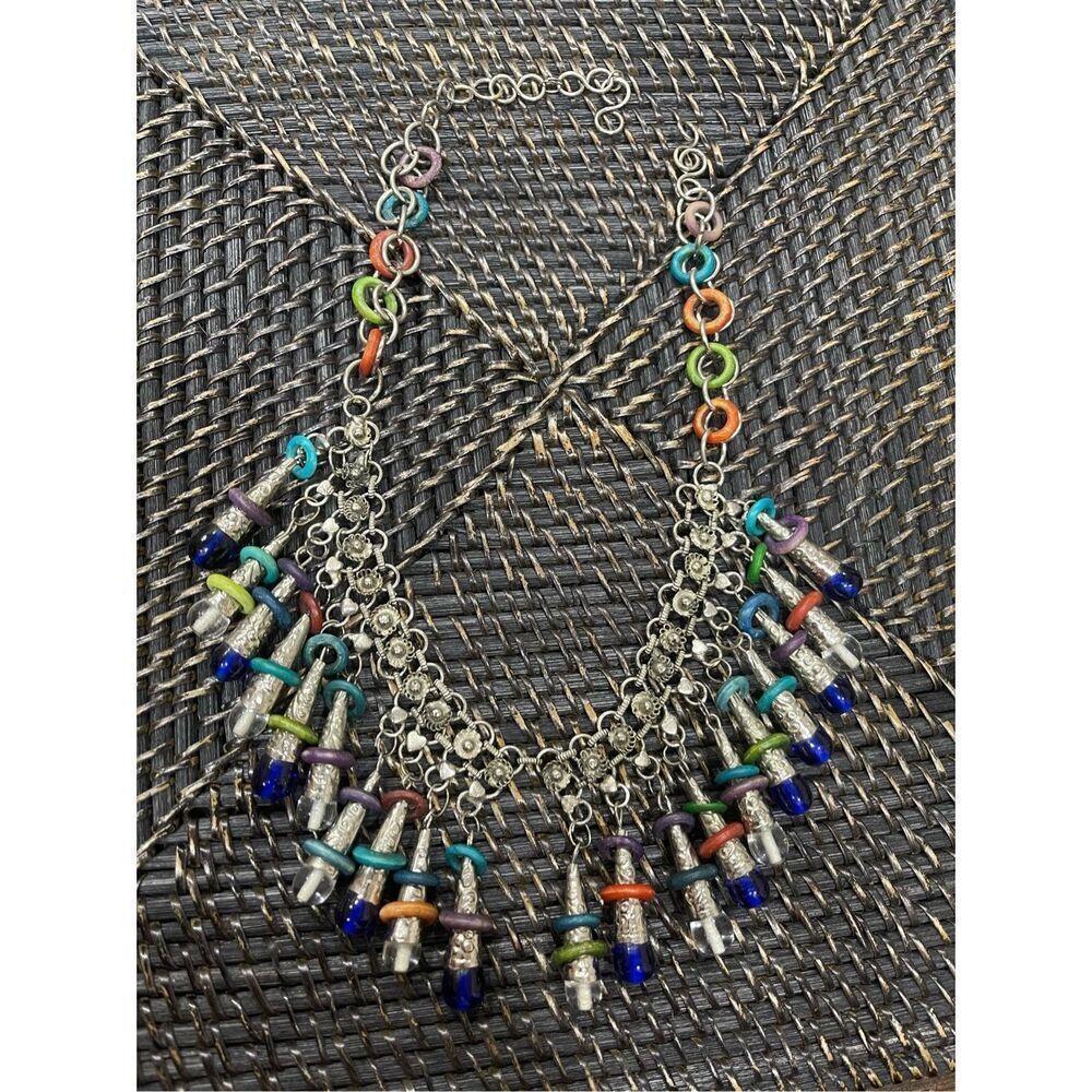 Vintage FolkArt Exotic Beaded Metal Pendant Necklace Costume Jewelry